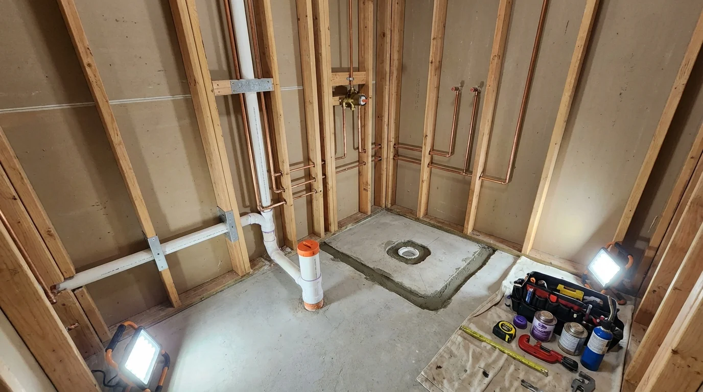 Bathroom rough-in plumbing during remodel by Johns Plumbing LLC in Wisner