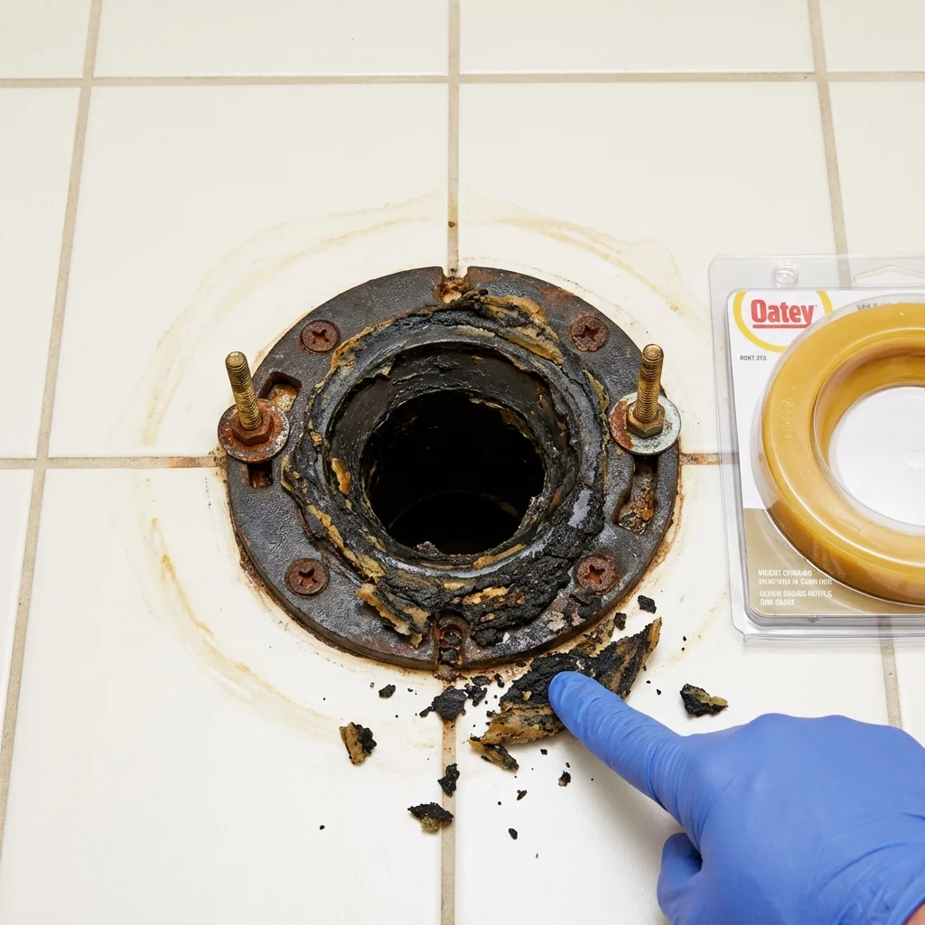 Failed wax ring showing water seepage at the base of a toilet in a Wisner, NE home