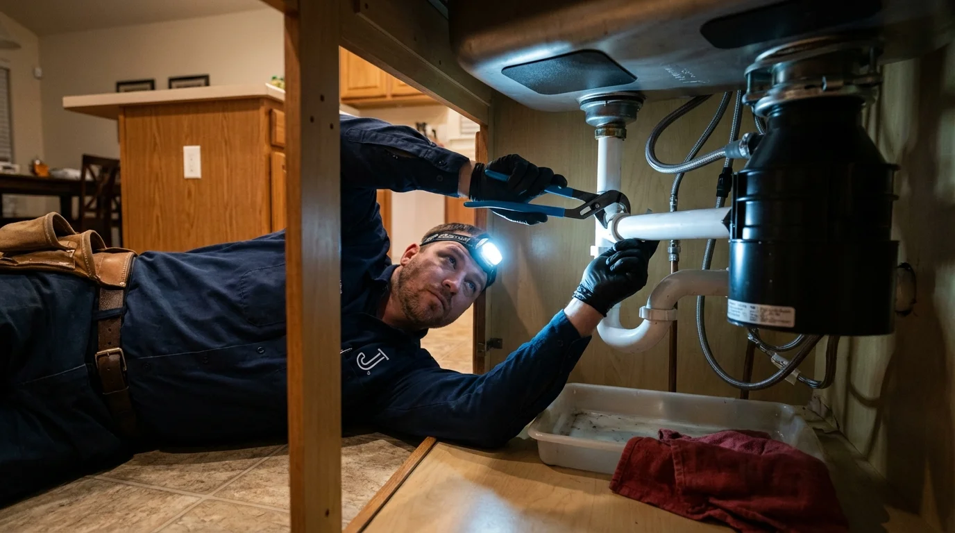 P-trap and supply line connections under a kitchen sink showing a common leak point in Wisner, NE